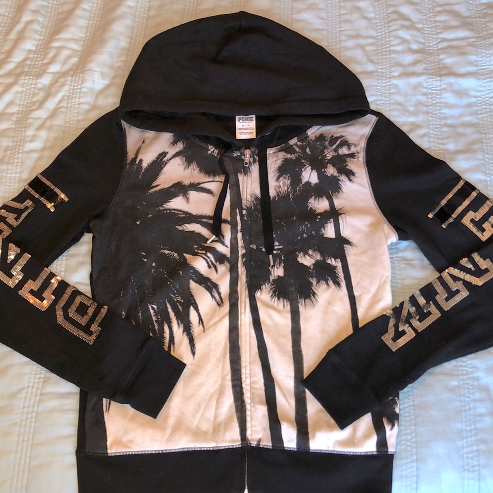 PINK Victoria's Secret Black and Cream Palm Tree Hoodie